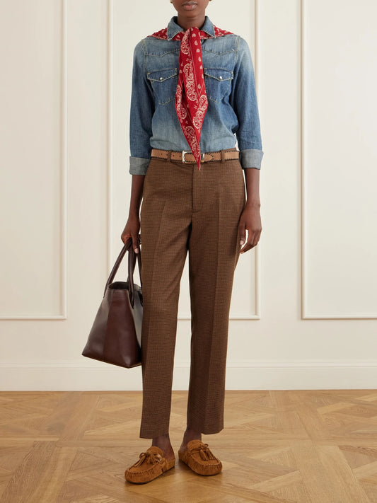 Image of a model wearing Pants. Product name - Houndstooth Cotton-blend Straight-leg Pants in Brown colour by brand - Polo Ralph Lauren