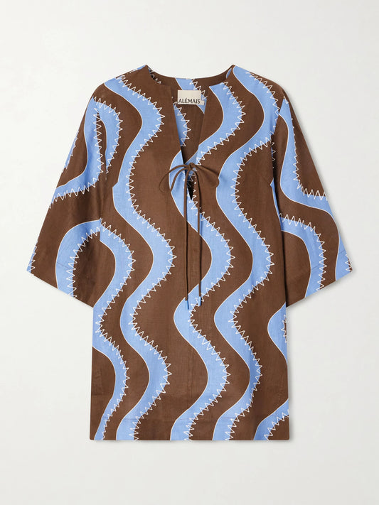 Image of Dresses. Product name - Frankie Printed Embroidered Linen Mini Dress in Blue colour by brand - ALÉMAIS