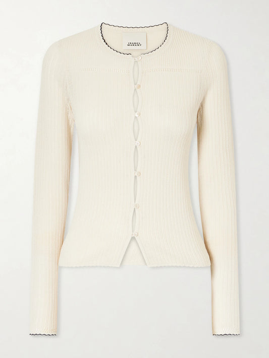 Image of a model wearing Outerwear. Product name - Siofra Silk And Cotton-blend Cardigan in Ecru colour by brand - ISABEL MARANT
