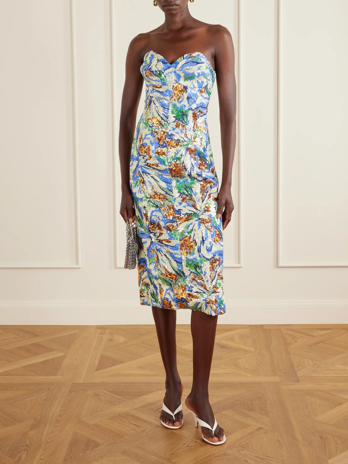 Image of Dresses. Product name - Strapless Sequined Crepe Midi Dress in Multi colour by brand - RABANNE