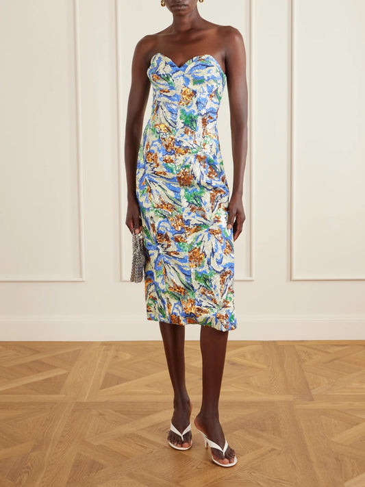 Image of Dresses. Product name - Strapless Sequined Crepe Midi Dress in Multi colour by brand - RABANNE