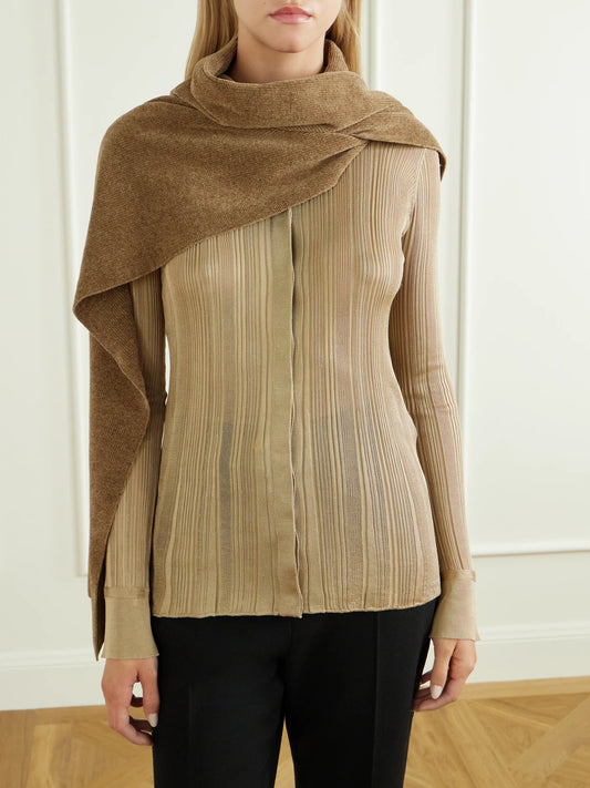 Image of Scarves & Shawls. Product name - Solus Ribbed Silk Scarf in Camel colour by brand - Gabriela Hearst