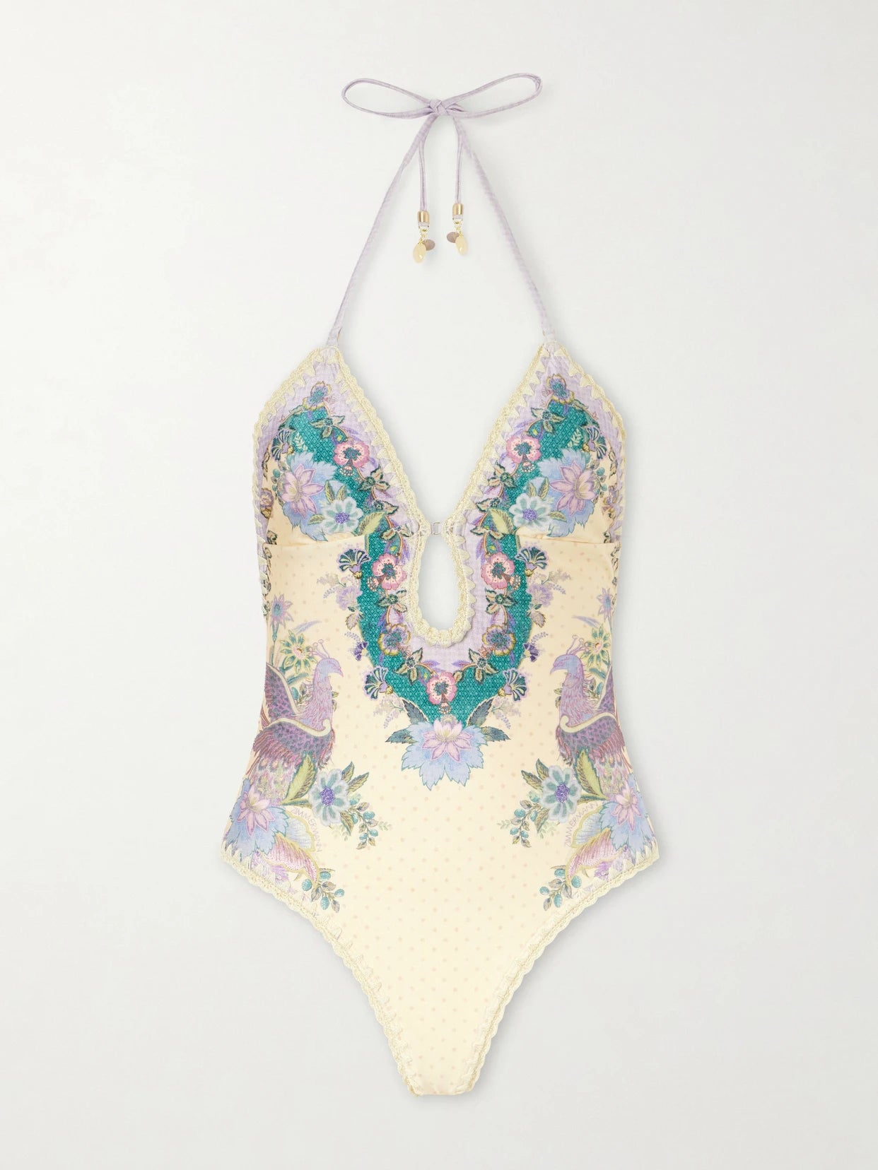 Image of Swimwear. Product name - Indra Floral-print Crochet-trimmed Swimsuit in Cream colour by brand - Zimmermann