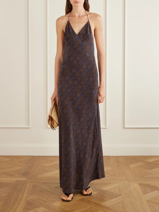 Image of Dresses. Product name - Open-back Printed Silk-crepe De Chine Halterneck Maxi Dress in Brown colour by brand - Matteau