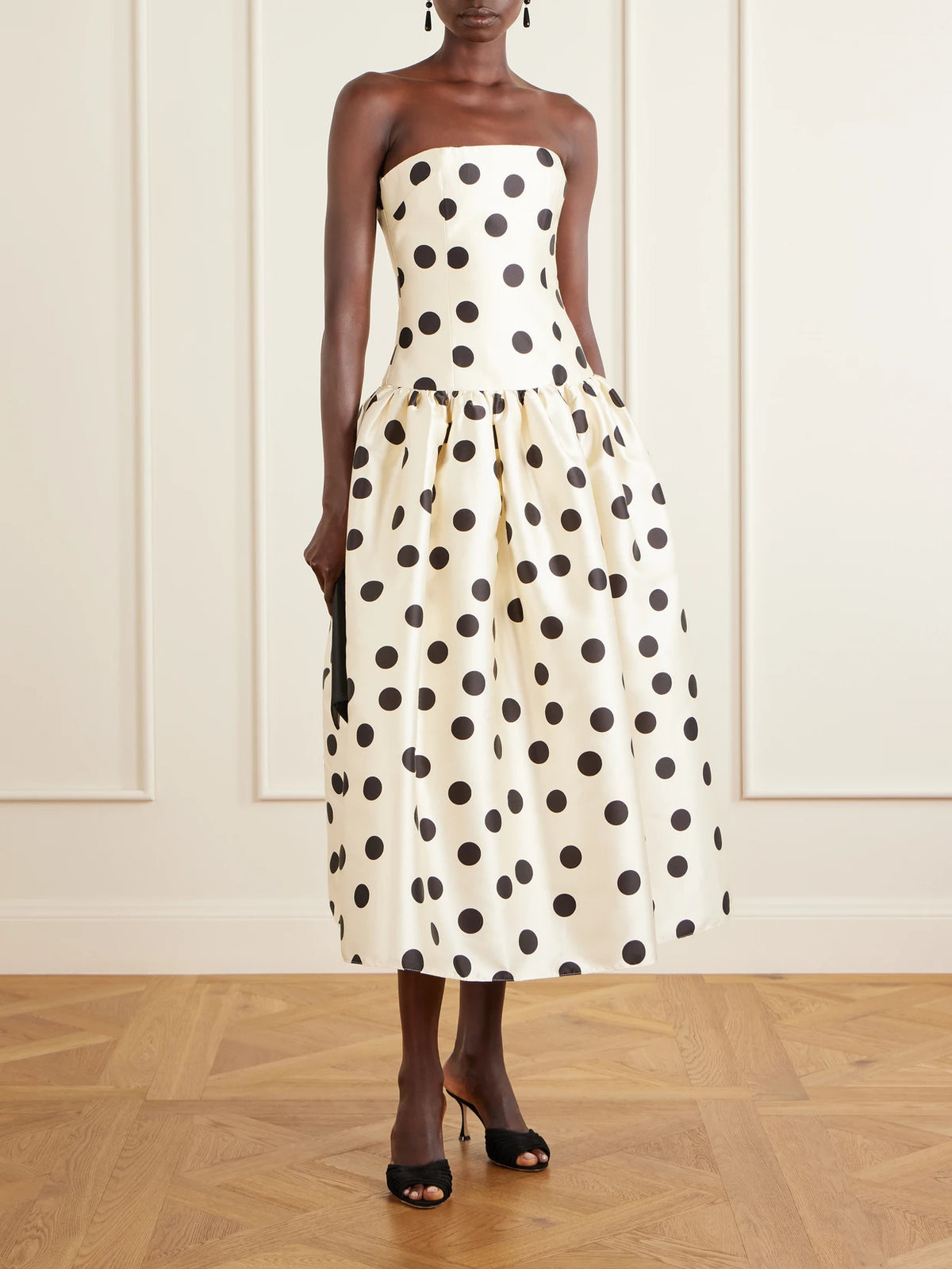 Image of Dresses. Product name - Leyla Strapless Polka-dot Satin Gown in White colour by brand - Ilkyaz Ozel