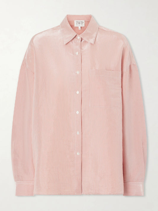 Image of a model wearing Tops. Product name - Something Borrowed Striped Cotton-organza Shirt in Pink colour by brand - TWP
