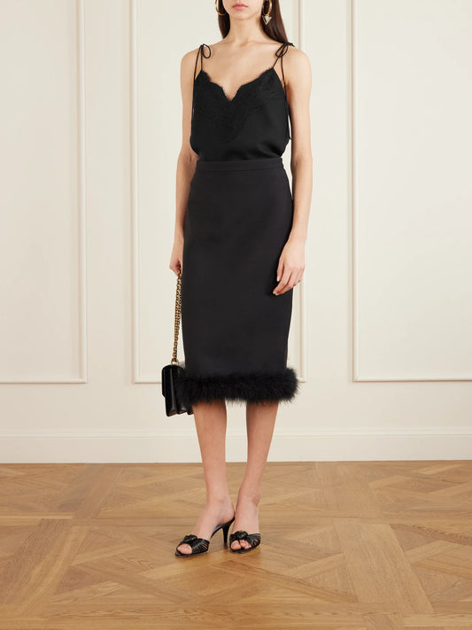 Image of a model wearing Tops. Product name - Floral Lace-trimmed Silk Crepe De Chine Camisole in Black colour by brand - Valentino Garavani