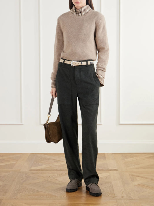 Image of a model wearing Pants. Product name - Brushed Cashmere Wide-leg Pants in Army green colour by brand - God's True Cashmere