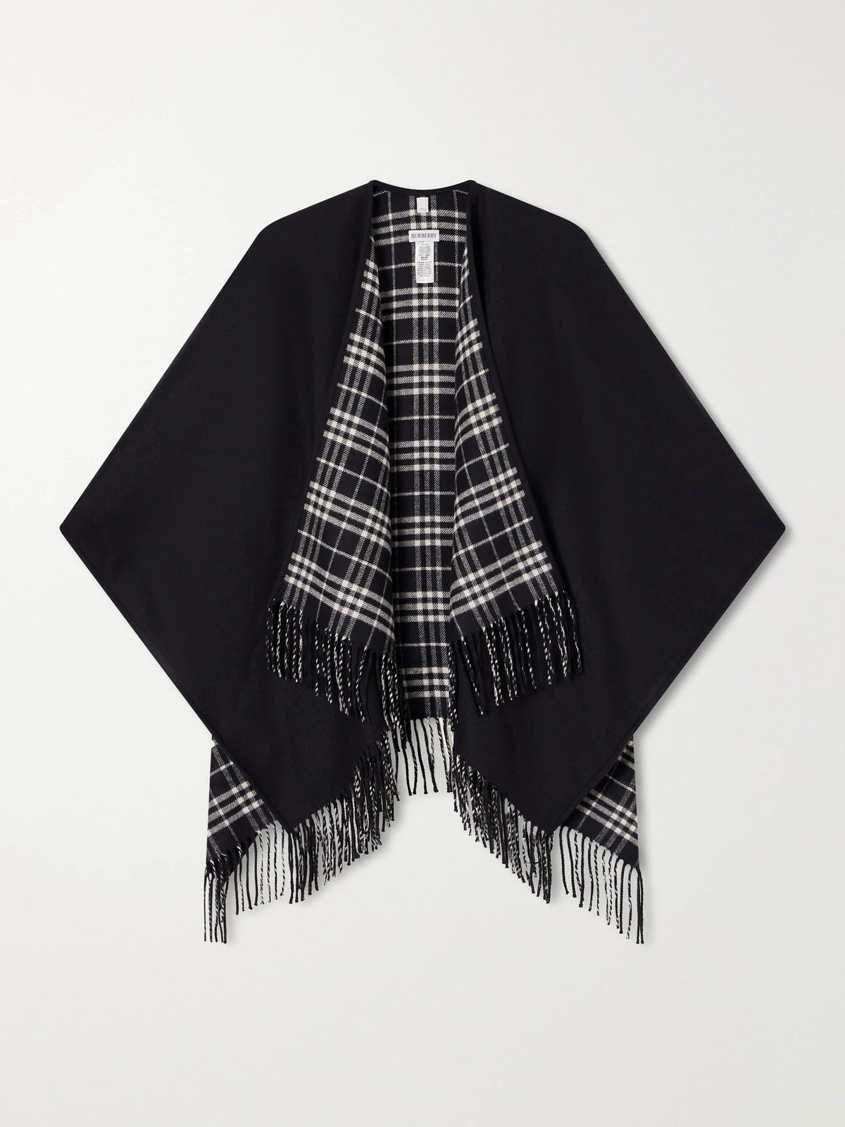 Reversible Fringed Checked Wool Cape