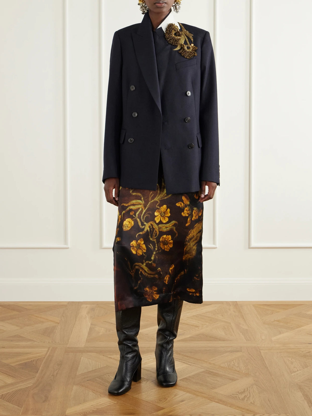Image of Coats & Jackets. Product name - Embellished Double-breasted Wool Blazer in Navy colour by brand - Dries Van Noten