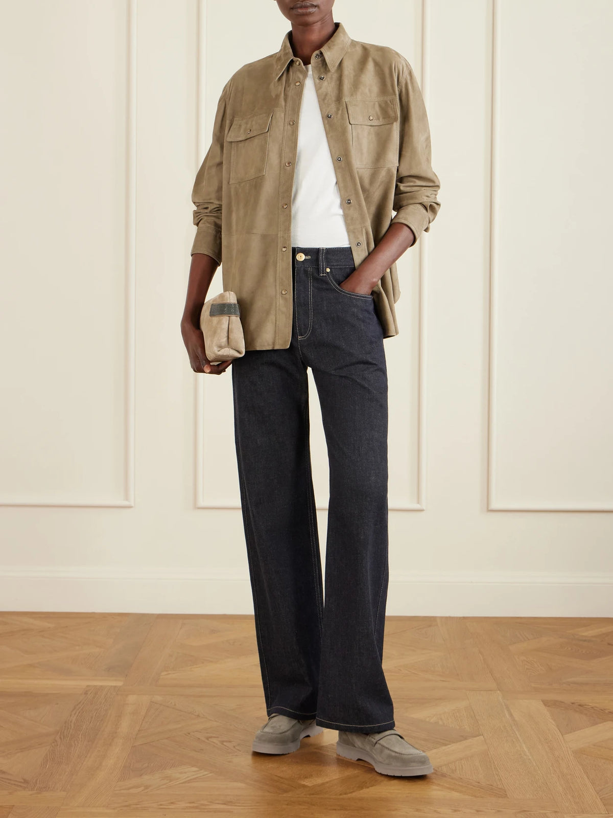 Image of Flats. Product name - Embellished Suede Loafers in Gray colour by brand - Brunello Cucinelli