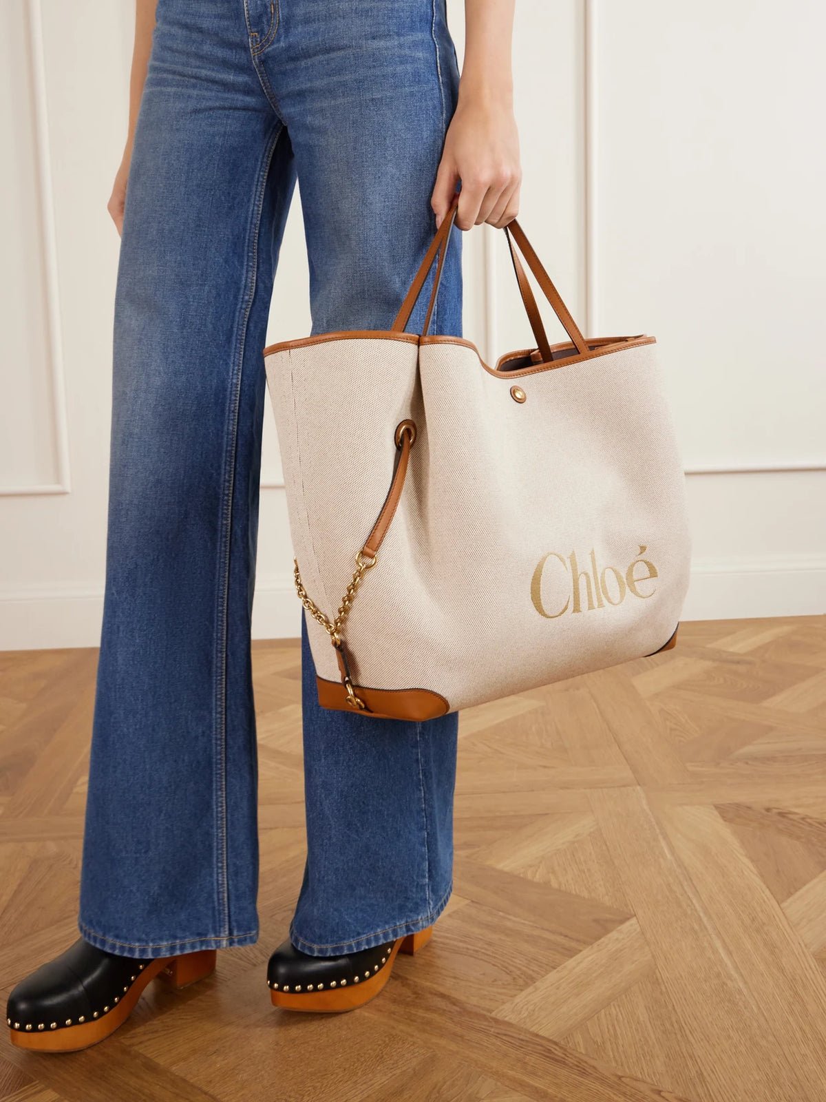 Image of Bags. Product name - Leather-trimmed Canvas Tote Bag in Off-white colour by brand - Chloé