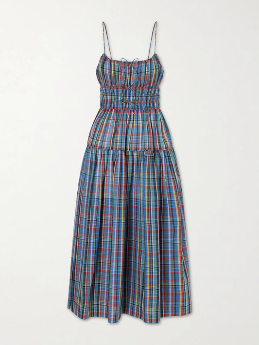 Image of Dresses. Product name - Brielle Gathered Checked Organic Cotton Midi Dress in Blue colour by brand - DÔEN