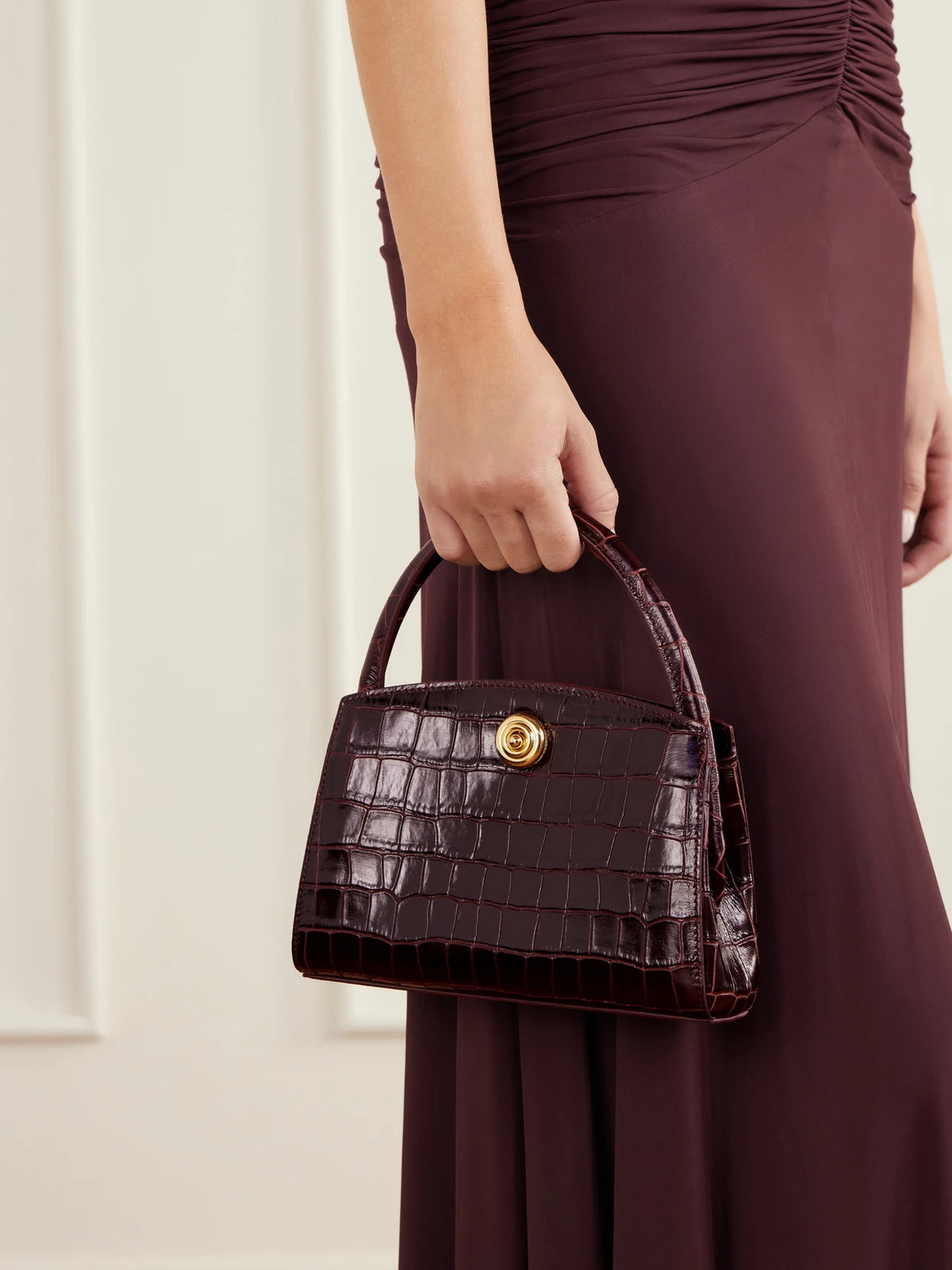 Image of Bags. Product name - Lady Croc-effect Leather Top Handle Bag in Burgundy colour by brand - Liffner