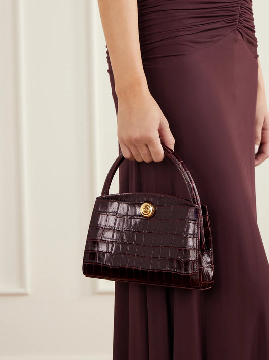 Image of Bags. Product name - Lady Croc-effect Leather Top Handle Bag in Burgundy colour by brand - Liffner