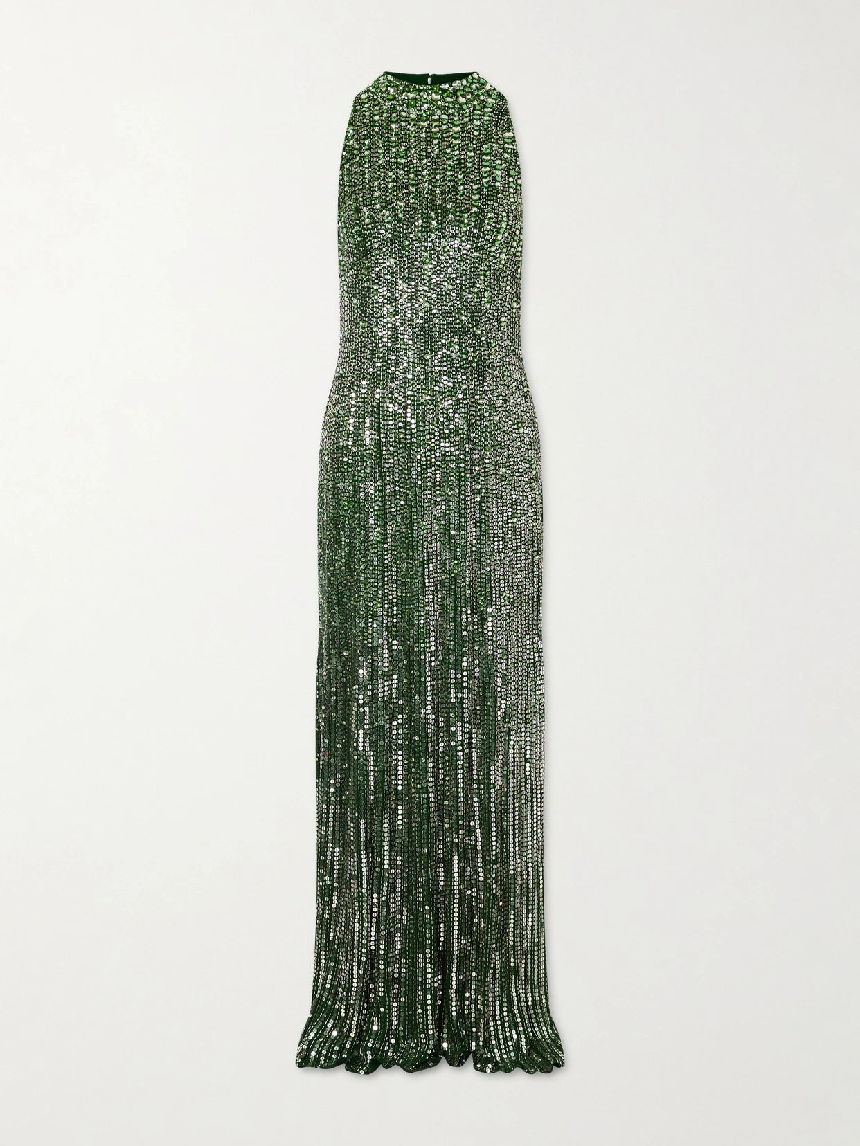 Image of Dresses. Product name - Benue Sequined Mesh Halterneck Gown in Green colour by brand - Jenny Packham