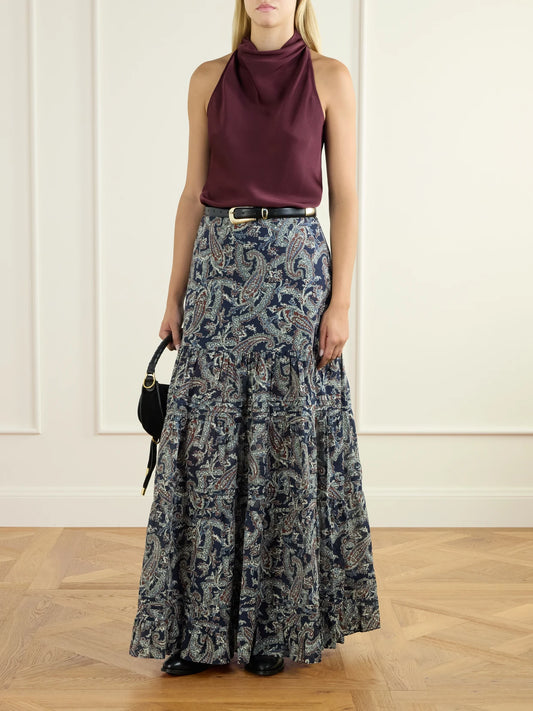 Image of a model wearing Skirts. Product name - Heatheralyn Gathered Paisley-print Cotton Maxi Skirt in Multi colour by brand - Veronica Beard