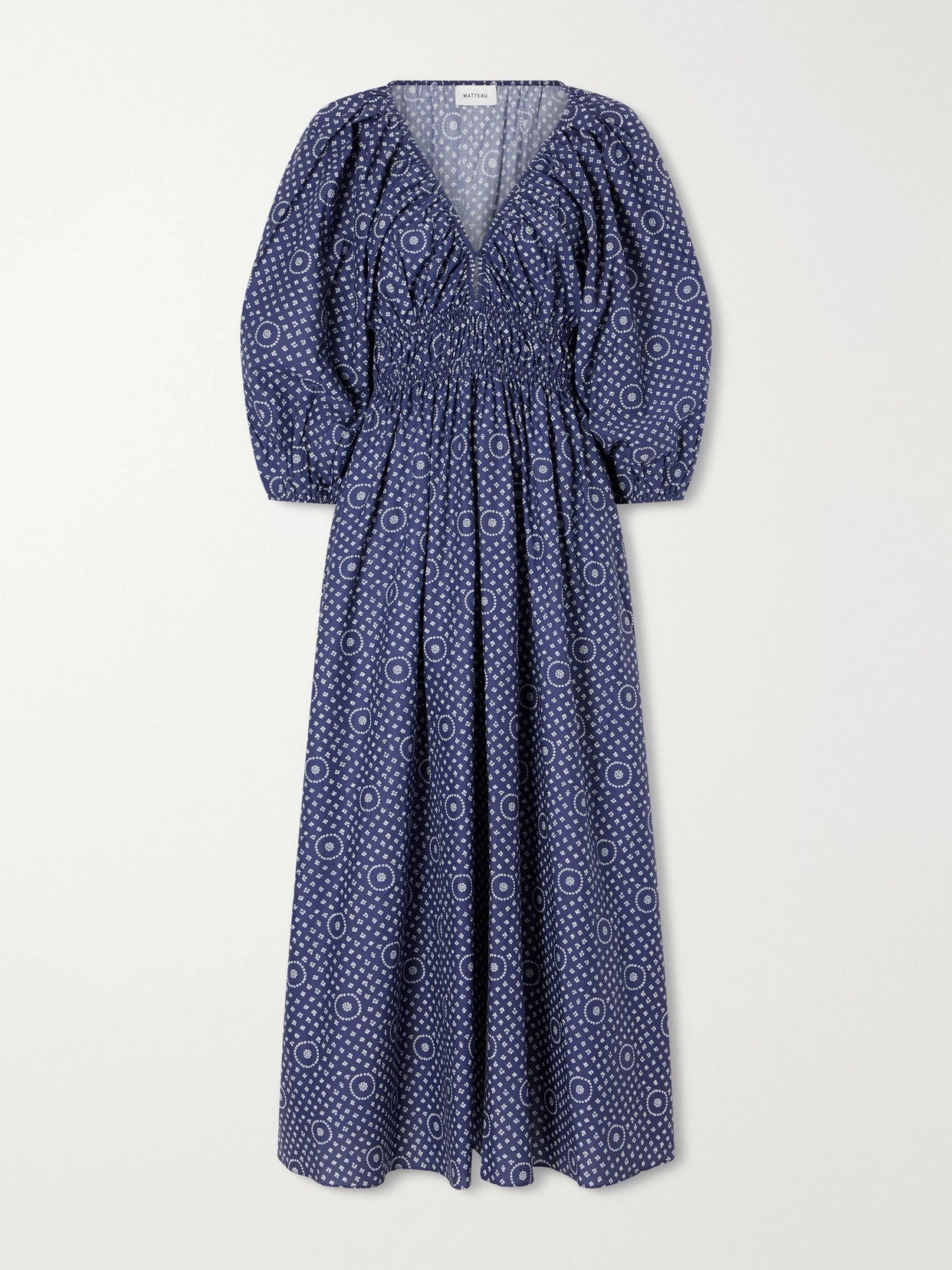 Image of Dresses. Product name - Shirred Paisley-print Organic Cotton Midi Dress in Blue colour by brand - Matteau