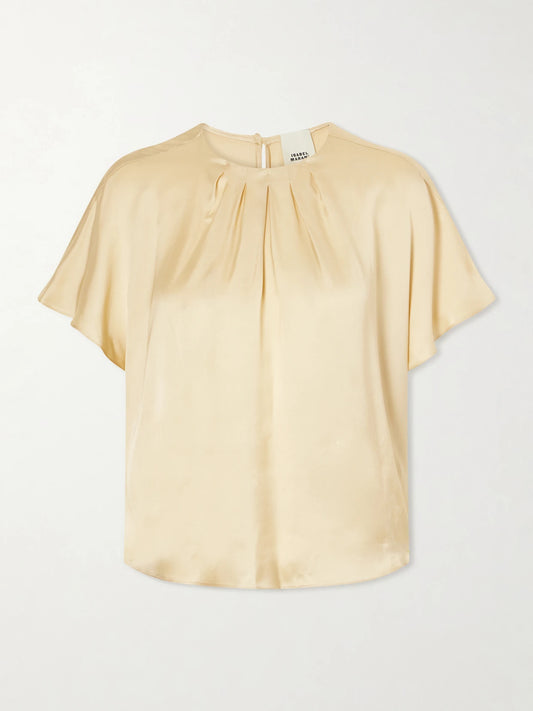 Image of a model wearing Tops. Product name - Sakine Satin Blouse in Beige colour by brand - ISABEL MARANT