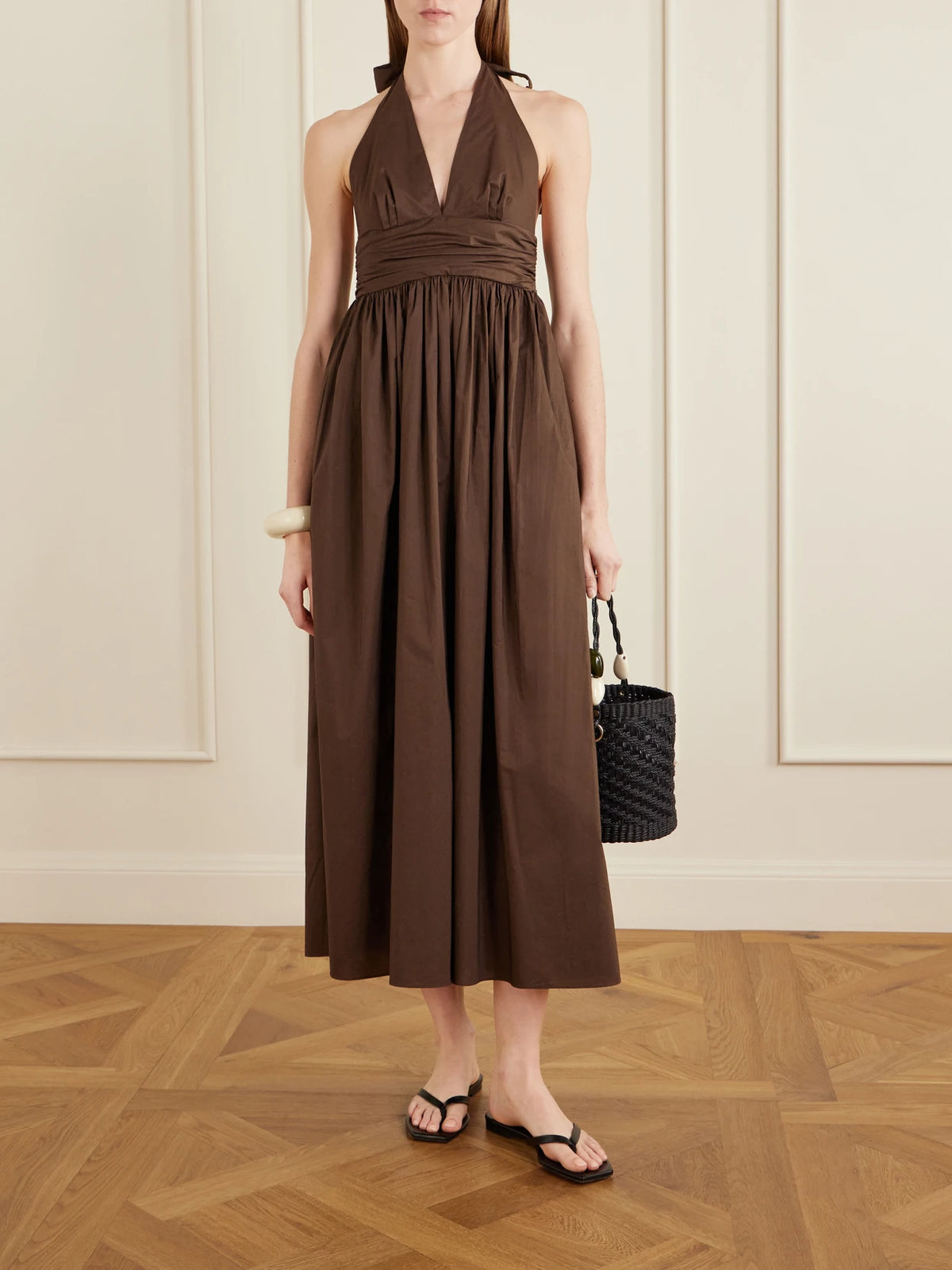 Image of Dresses. Product name - Gathered Organic Cotton-poplin Halterneck Maxi Dress in Chocolate colour by brand - Matteau