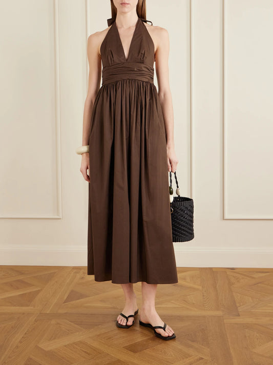 Image of Dresses. Product name - Gathered Organic Cotton-poplin Halterneck Maxi Dress in Chocolate colour by brand - Matteau