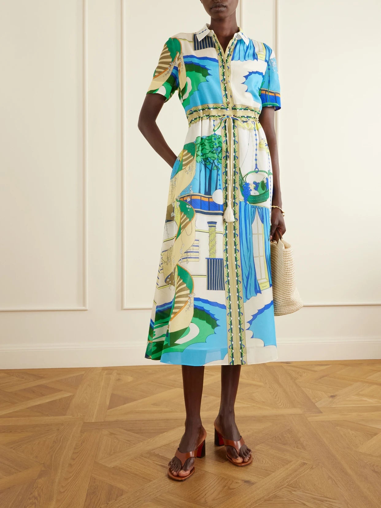 Image of Dresses. Product name - Belted Printed Silk And Cotton-blend Maxi Dress in Multi colour by brand - Tory Burch