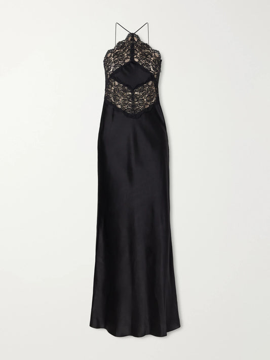 Rodarte Lace-trimmed Silk-satin Halterneck Maxi Dress