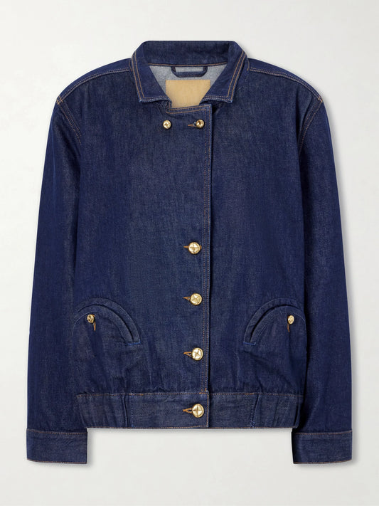 Image of Coats & Jackets. Product name - Cleo Denim Jacket in Dark denim colour by brand - BLAZÉ Milano
