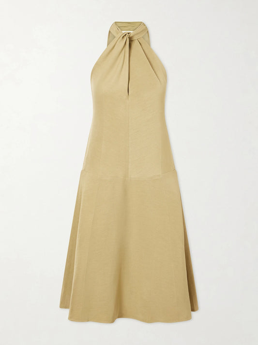 Image of Dresses. Product name - Scarf-detailed Woven Halterneck Midi Dress in Beige colour by brand - TOTEME