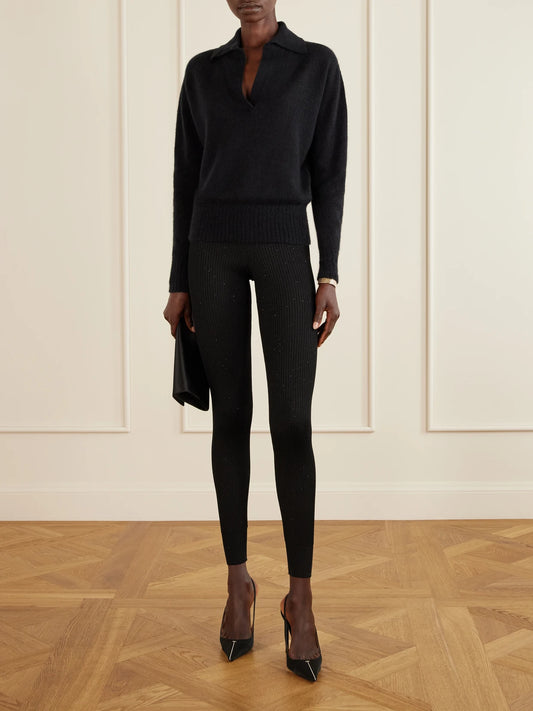 Image of a model wearing Outerwear. Product name - Ribbed Cashmere And Silk-blend Knitted Polo Shirt in Black colour by brand - TOM FORD