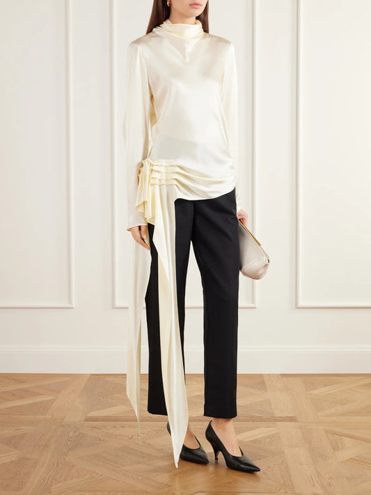 Image of a model wearing Tops. Product name - Gathered Silk-charmeuse Blouse in Cream, Black colour by brand - KALLMEYER