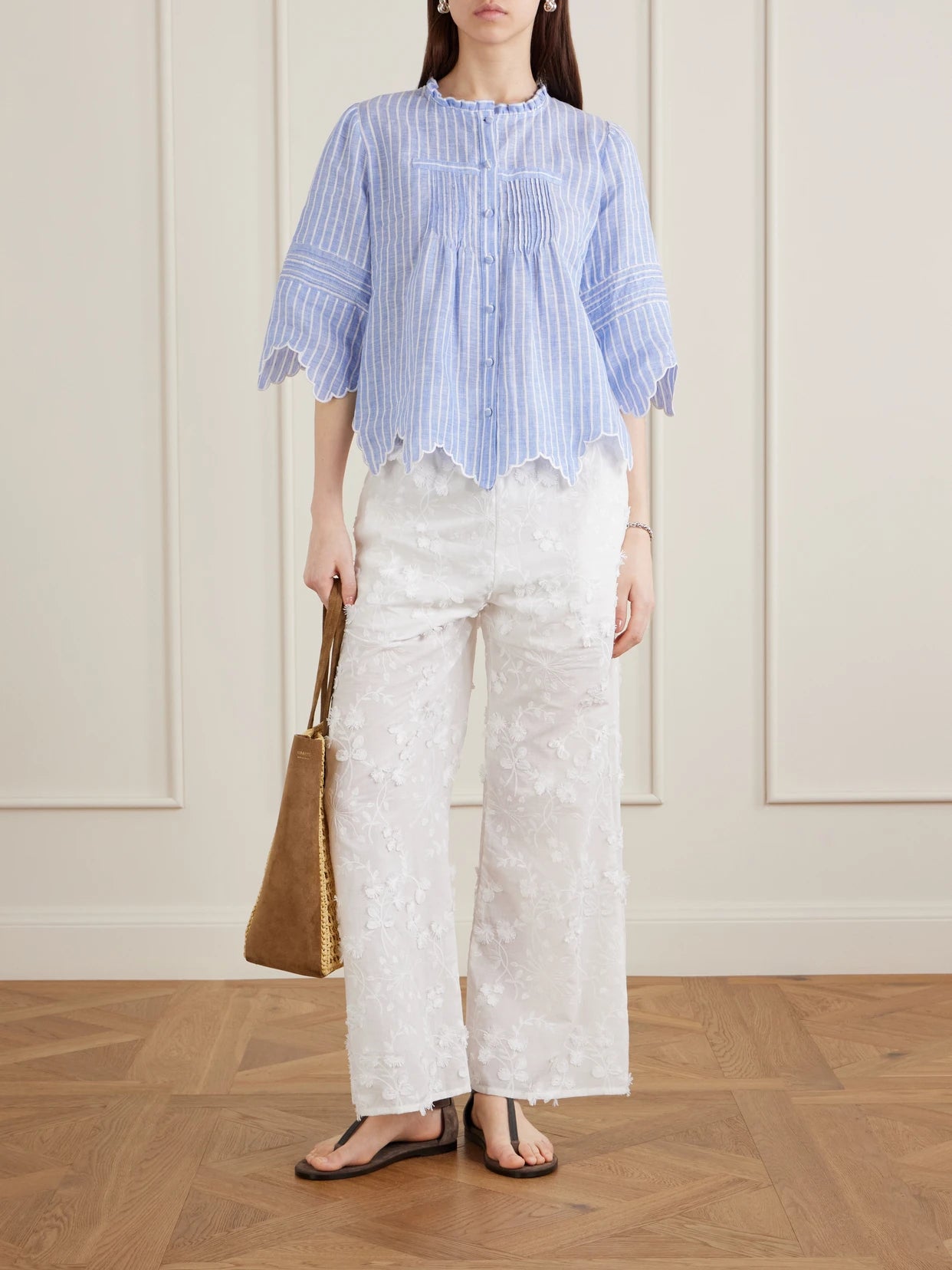 Image of a model wearing Pants. Product name - Speranza Embroidered Fil-coupé Cotton Straight-leg Pants in White colour by brand - Loretta Caponi