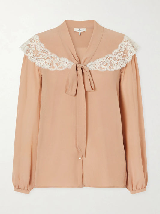 Image of a model wearing Tops. Product name - Georgette Silk Blouse in Pink colour by brand - Chloé