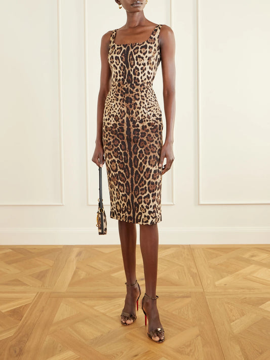 Image of Dresses. Product name - Leopard-print Silk-blend Satin Midi Dress in Leopard print colour by brand - Dolce & Gabbana