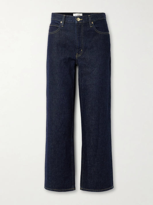 Image of Jeans. Product name - The Hang Cropped High-rise Straight-leg Jeans in Dark denim colour by brand - FRAME