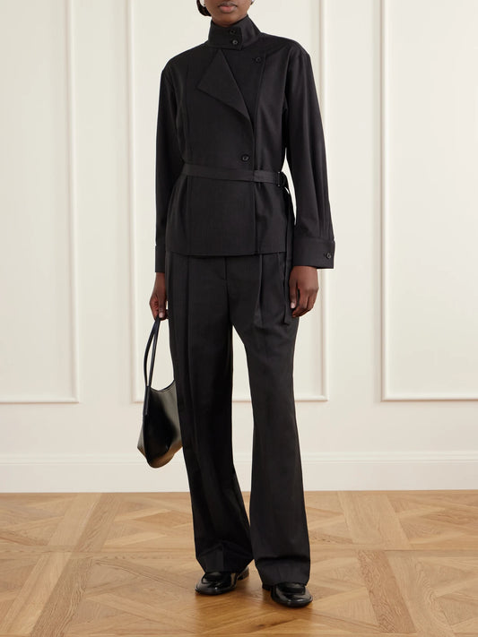 Image of Coats & Jackets. Product name - The Last Chapter Belted Wool-blend Twill Jacket in Charcoal colour by brand - TWP
