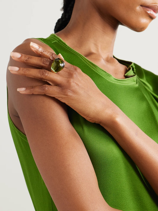 Image of Rings. Product name - Large Gold-tone And Resin Ring in Army green colour by brand - Dinosaur Designs