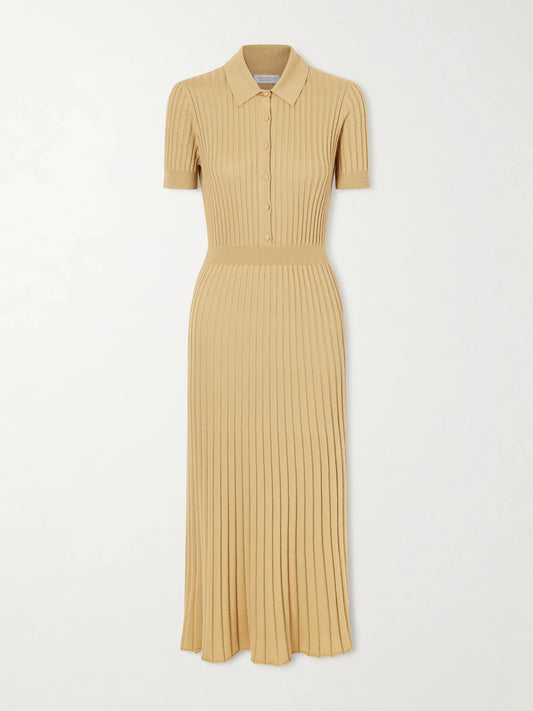 Image of Dresses. Product name - Amor Ribbed Silk And Cashmere-blend Midi Dress in Camel colour by brand - Gabriela Hearst