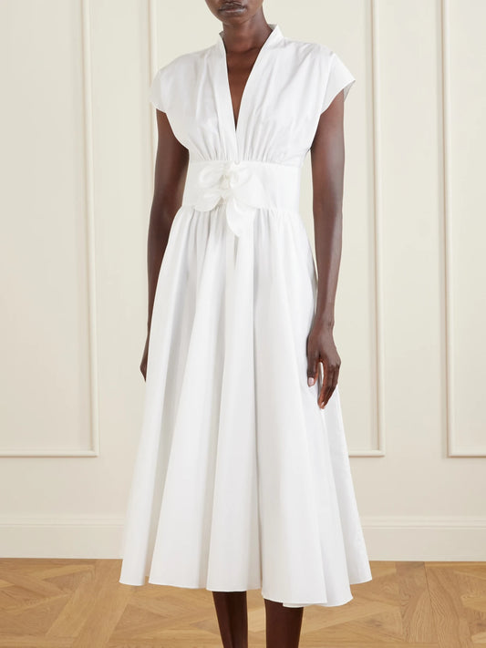 Image of Dresses. Product name - Knot-detailed Belted Cotton-poplin Midi Dress in White colour by brand - Alaïa