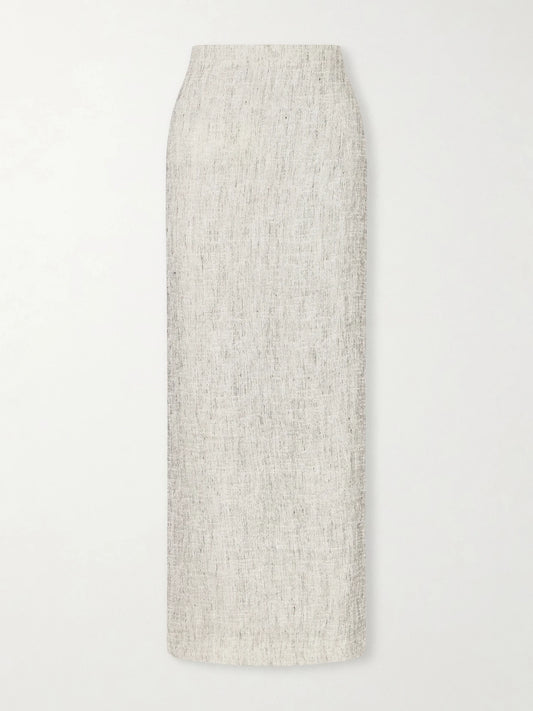 Image of a model wearing Skirts. Product name - Blum Linen And Silk-blend Gauze Midi Skirt in Gray colour by brand - The Row