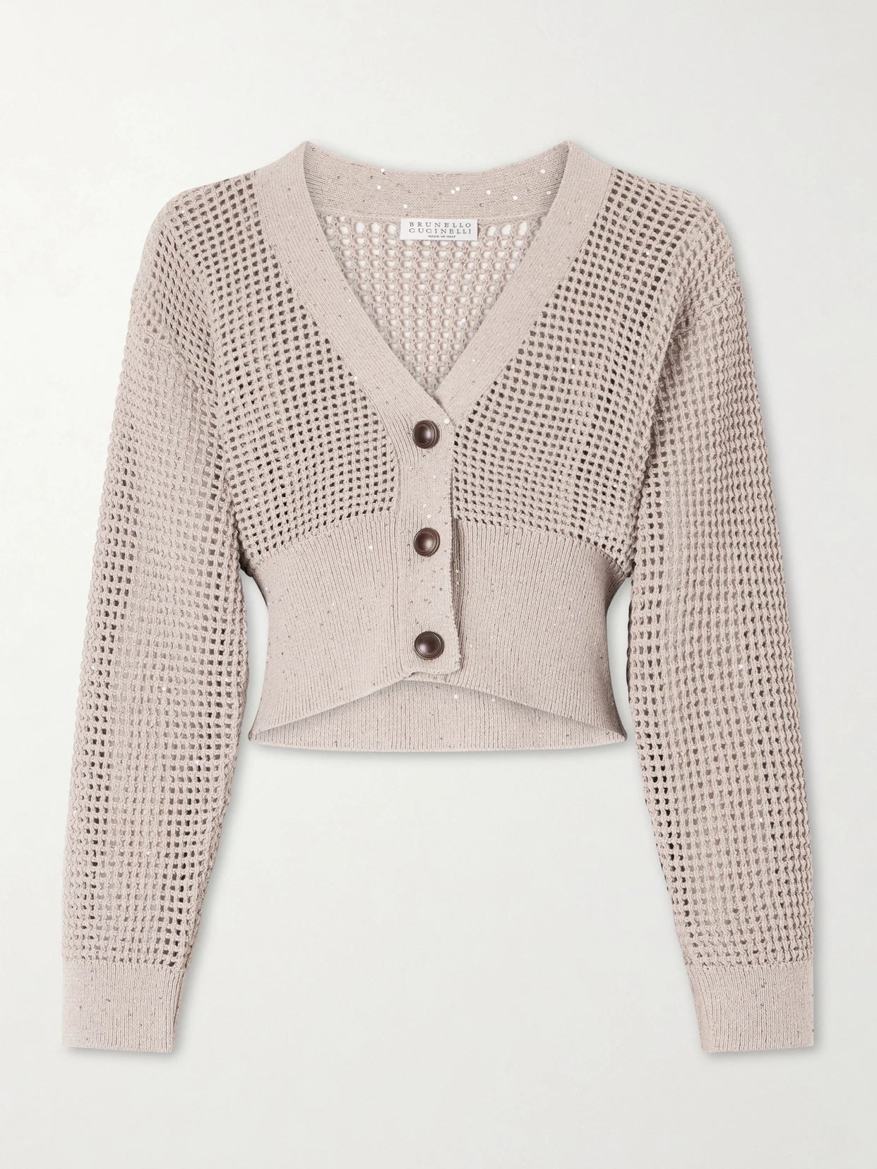 Image of a model wearing Outerwear. Product name - Sequin-embellished Open-knit Cotton-blend Cardigan in Beige colour by brand - Brunello Cucinelli