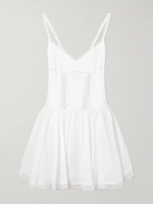 Image of Dresses. Product name - Gardenia Lace-trimmed Cotton-blend Poplin Mini Dress in White colour by brand - Charo Ruiz