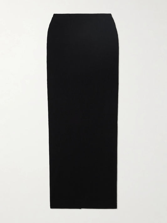 Image of a model wearing Skirts. Product name - Emma Ribbed Stretch-jersey Maxi Skirt in Black colour by brand - ÉTERNE