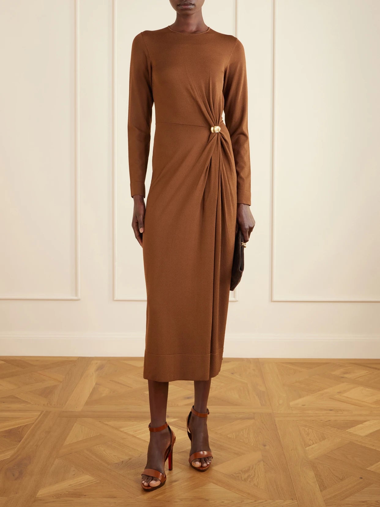 Image of Dresses. Product name - Tingley Embellished Knitted Maxi Dress in Camel colour by brand - Altuzarra