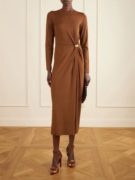 Image of Dresses. Product name - Tingley Embellished Knitted Maxi Dress in Camel colour by brand - Altuzarra