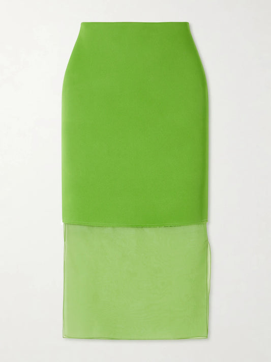 Image of a model wearing Skirts. Product name - Sybil Layered Frayed Satin-crepe And Organza Midi Skirt in Bright green colour by brand - KHAITE