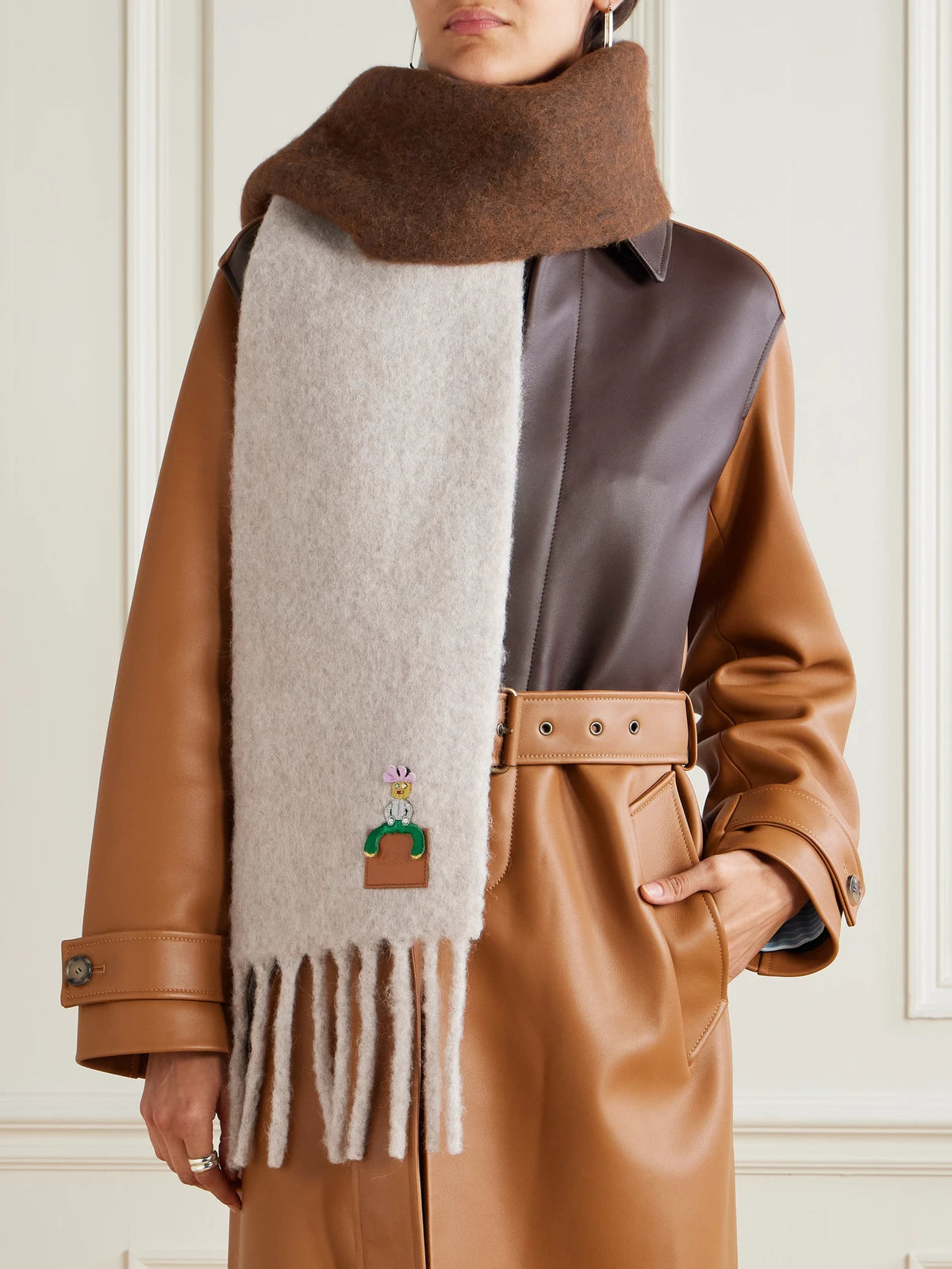 Image of Scarves & Shawls. Product name - Crystal-embellished Embroidered Appliquéd Fringed Alpaca-blend Scarf in Beige colour by brand - LOEWE