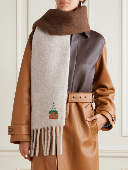 Image of Scarves & Shawls. Product name - Crystal-embellished Embroidered Appliquéd Fringed Alpaca-blend Scarf in Beige colour by brand - LOEWE
