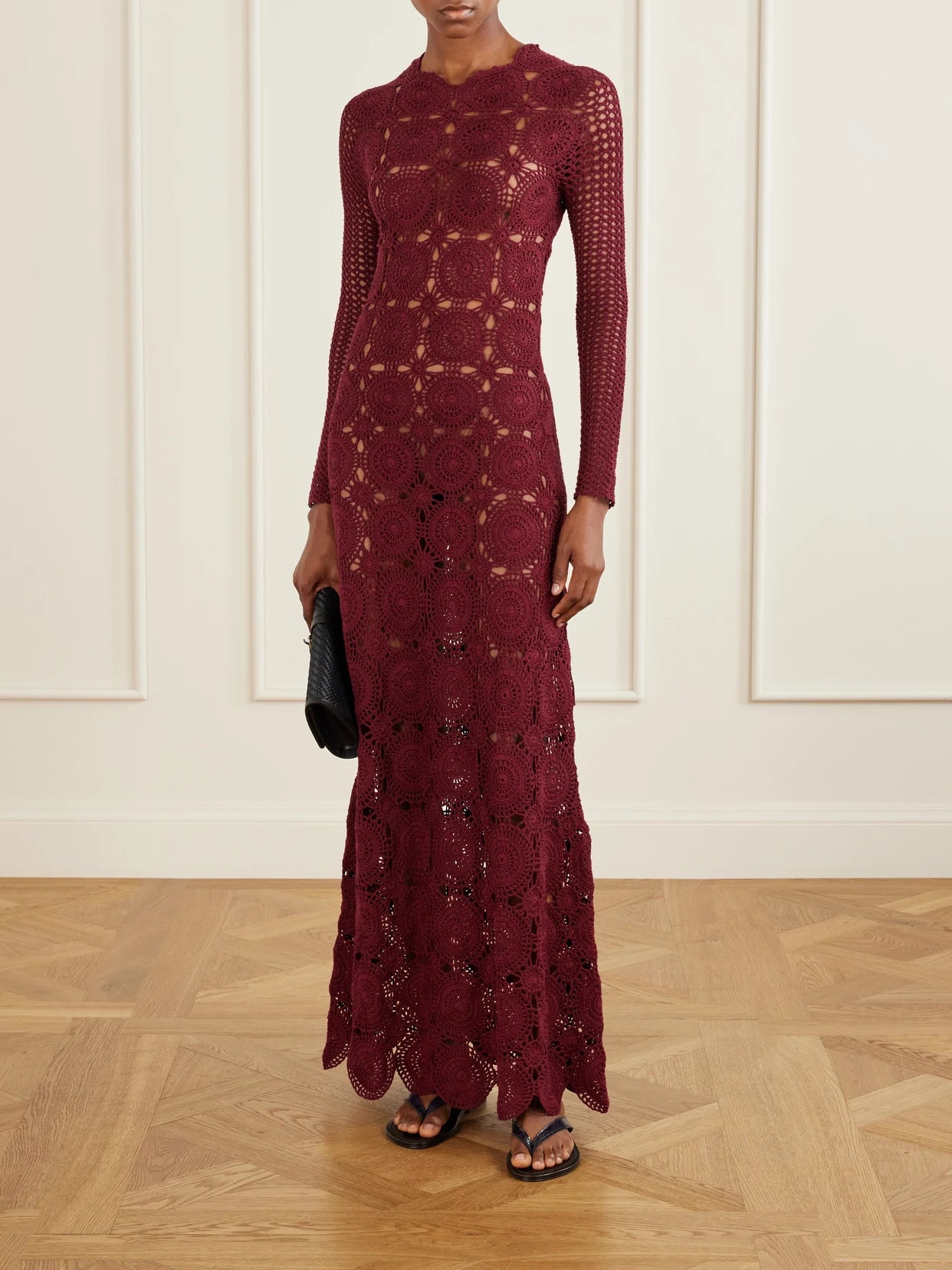 Image of Dresses. Product name - Siula Crocheted Cotton Maxi Dress in Burgundy colour by brand - ESCVDO