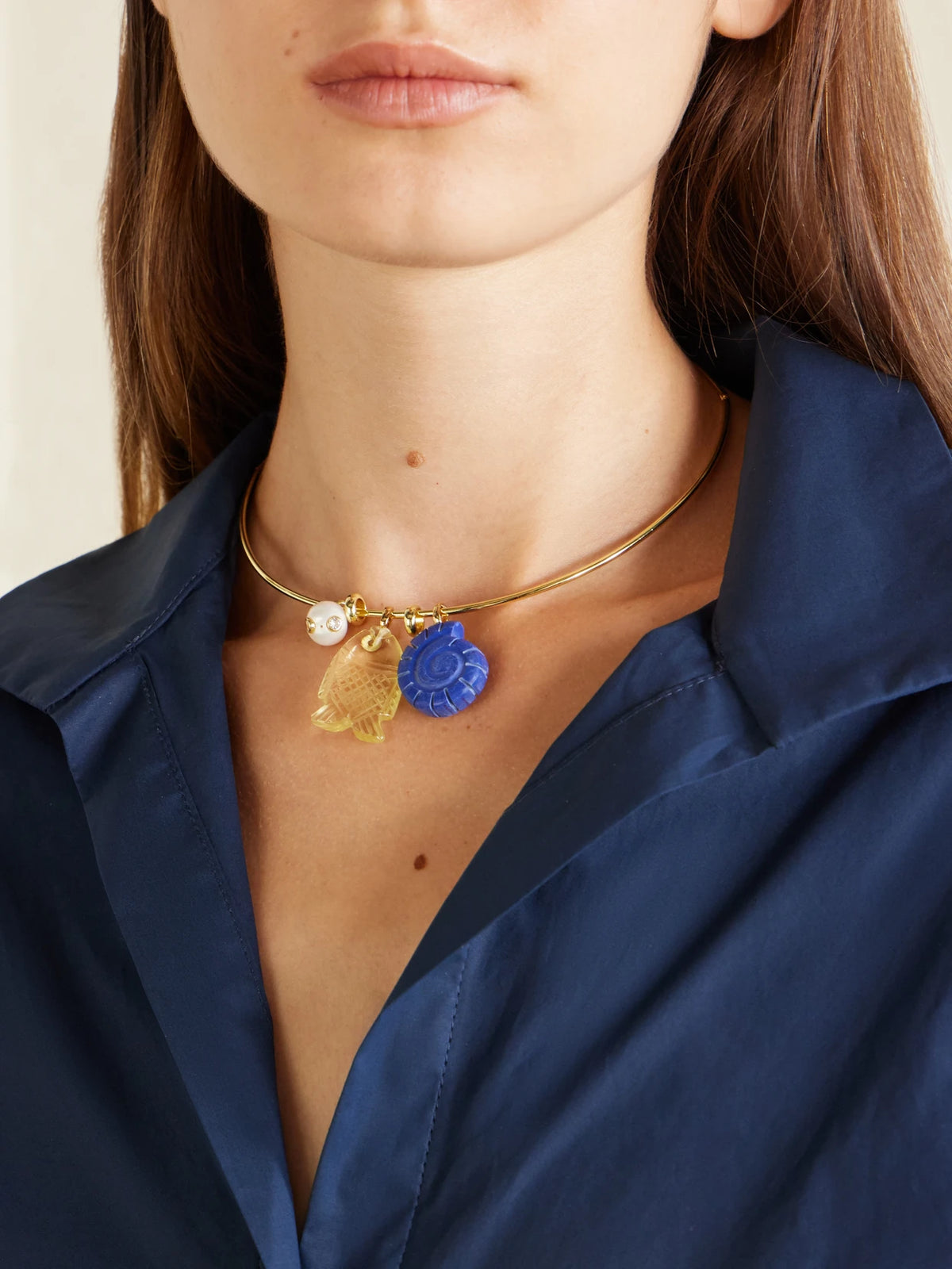Image of Necklaces. Product name - Aurelia Lapis Lazuli, Citrine And Freshwater Pearl Gold-toned Necklace in Multi colour by brand - Martha Calvo